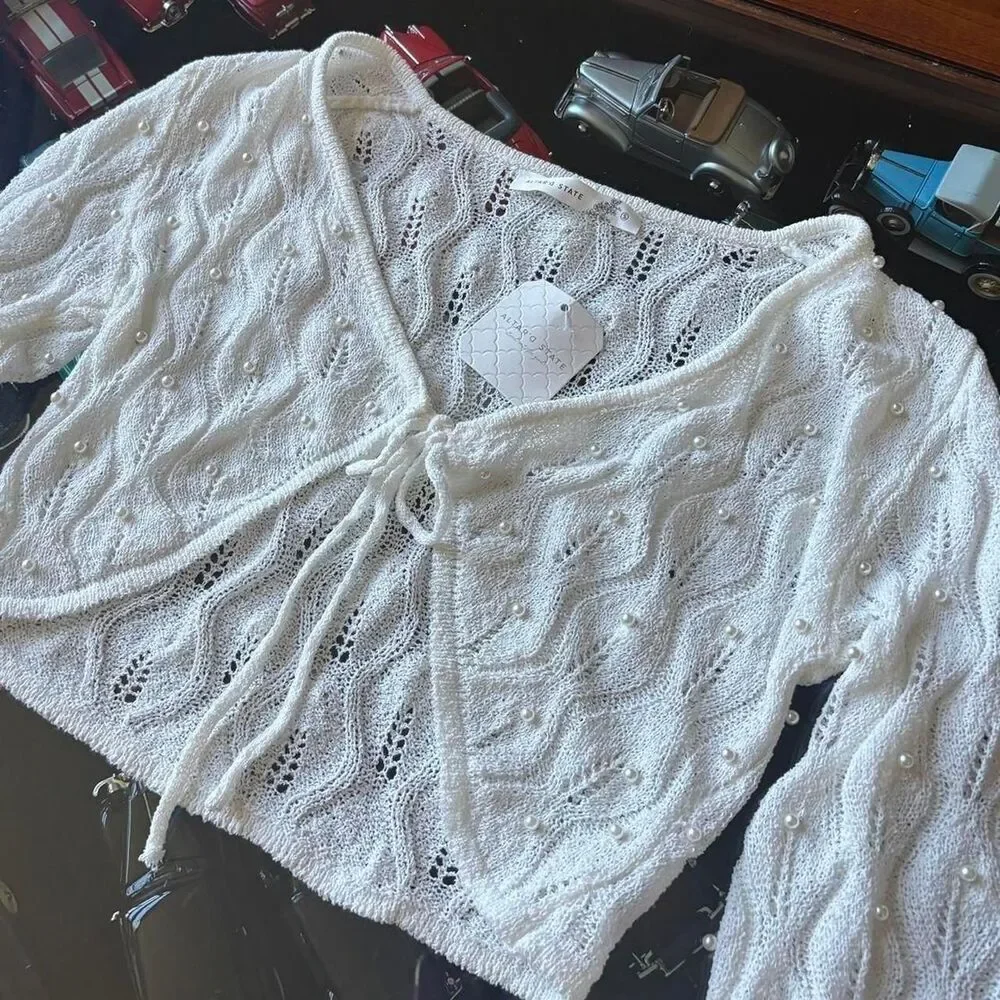 Altard State Brand New with Tags White Crop Cardigan Pearls Lace Bell Sleeve - Picture 6 of 8